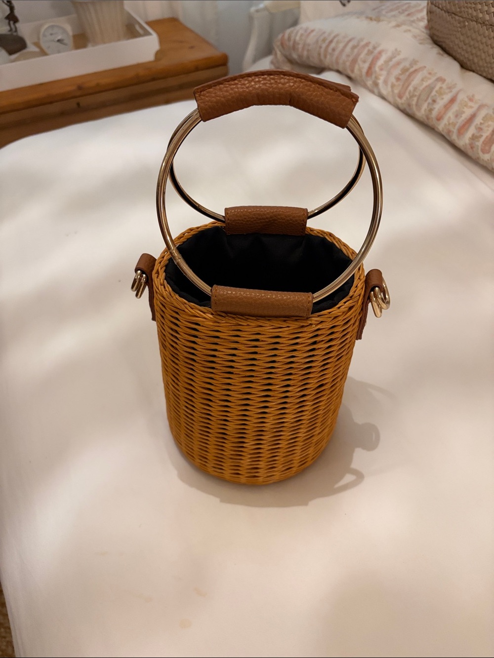 Woven Bucket Handbag with Gold Ring Handles - Tan